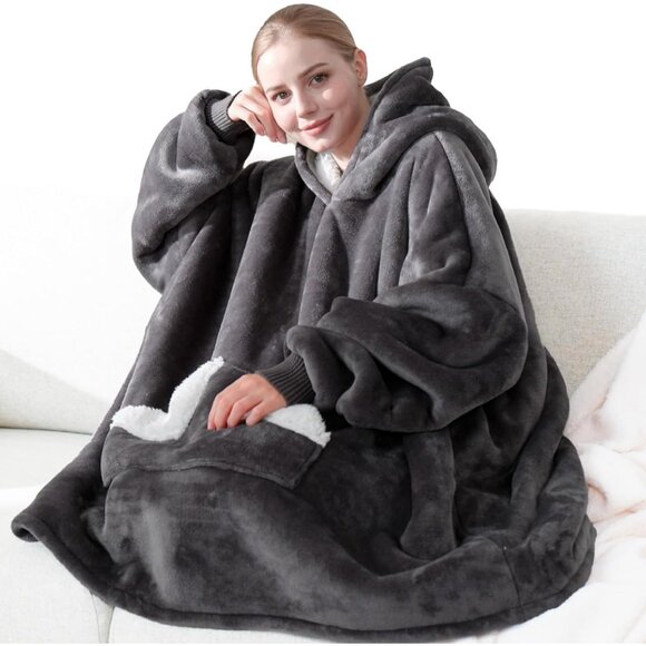 Women Oversized Sherpa Fleece Blanket Hoodie Warm Cozy Wearable Sweatshirt Grey - Picture 1 of 7